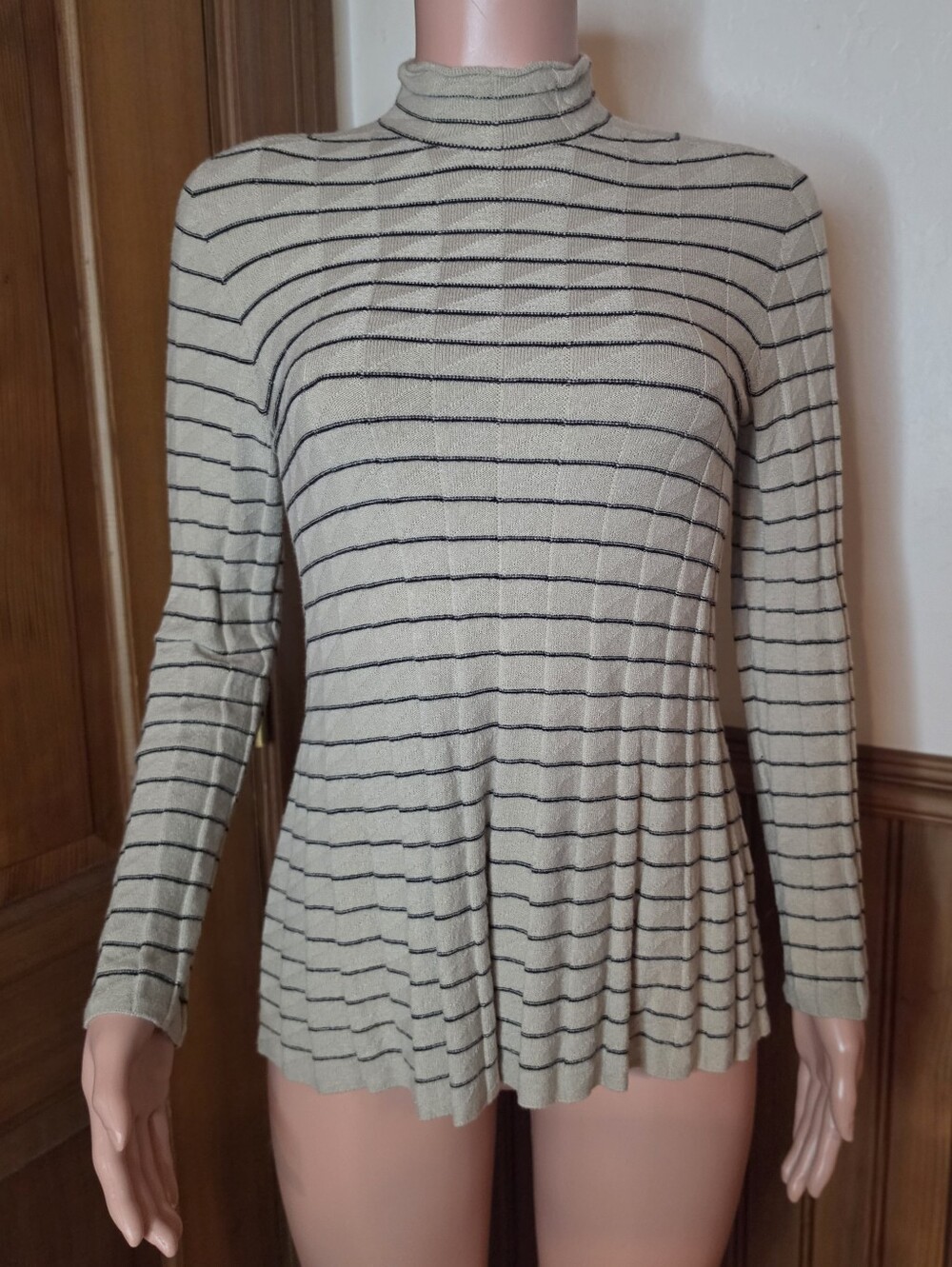 Emporio Armani Turtleneck Knit Top Beige and Black Striped